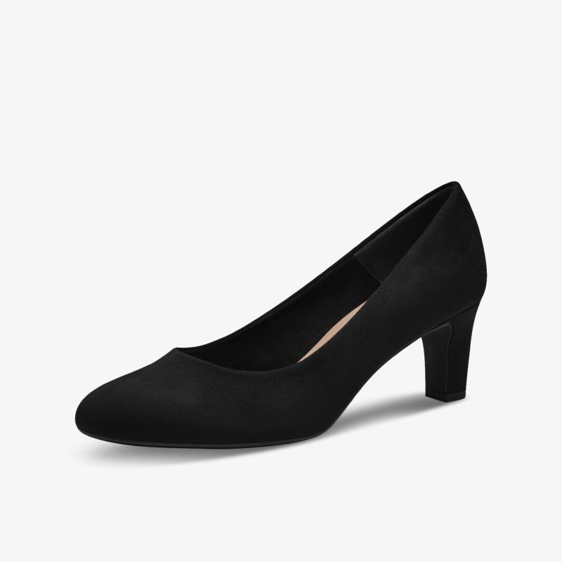 Schwarzer eleganter Pumps mit mittelhohem Absatz und glatter Oberfläche, bequem und zeitlos im Design