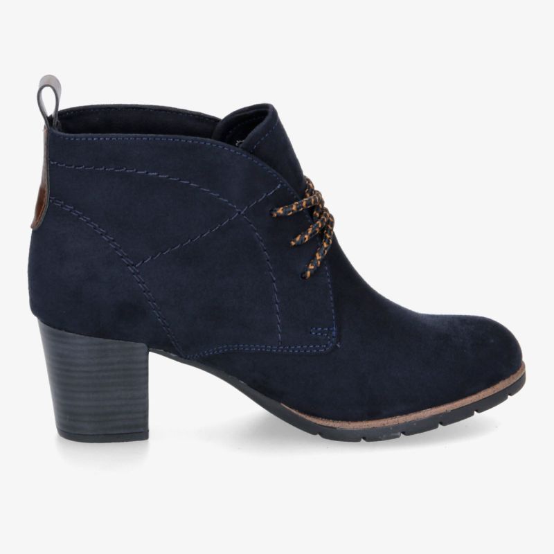 Elegante dunkelblaue Stiefelette aus Veloursleder mit stabilem Blockabsatz und bequemer Passform.