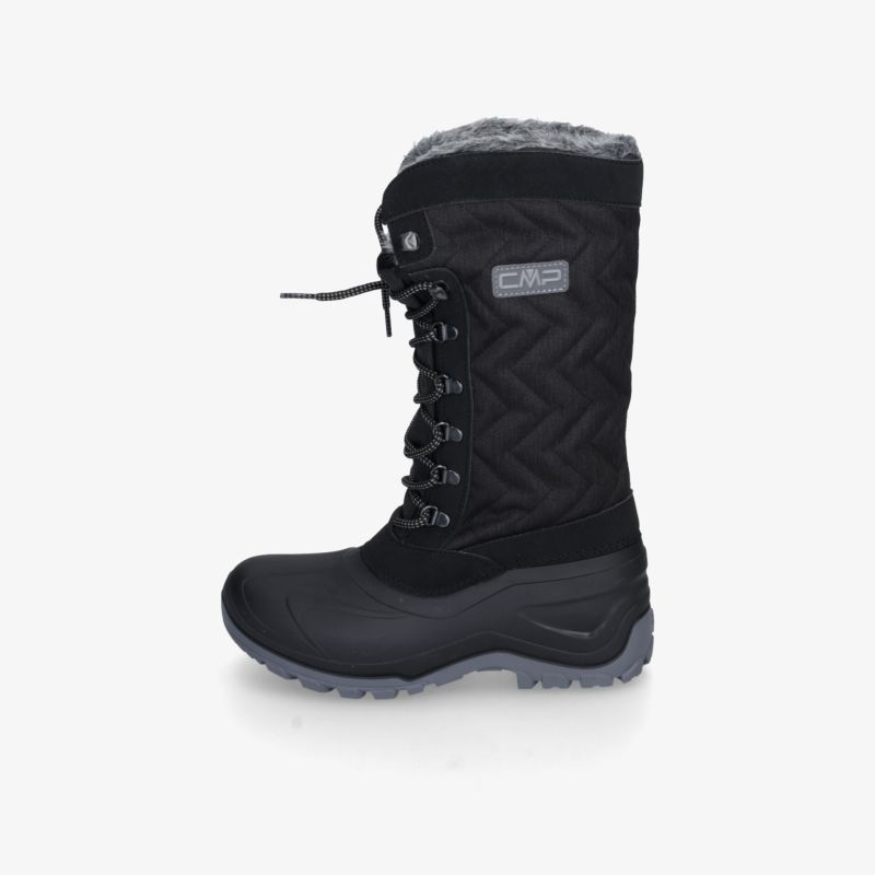 Schwarzer warmer Winterstiefel seitlich mit hoher Isolierung und robuster, profilierter Sohle