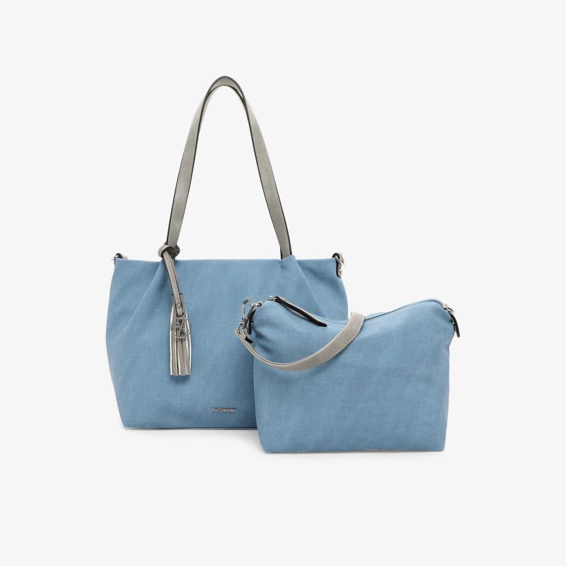 Set aus zwei blauen Taschen, inklusive geräumiger Schultertasche und kleinerer Begleittasche, modisch und praktisch