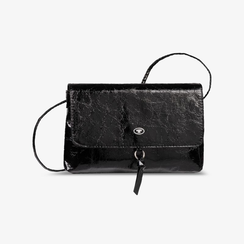 Elegante schwarze Schultertasche in glänzender Lederoptik mit schlichtem Verschlussdesign.