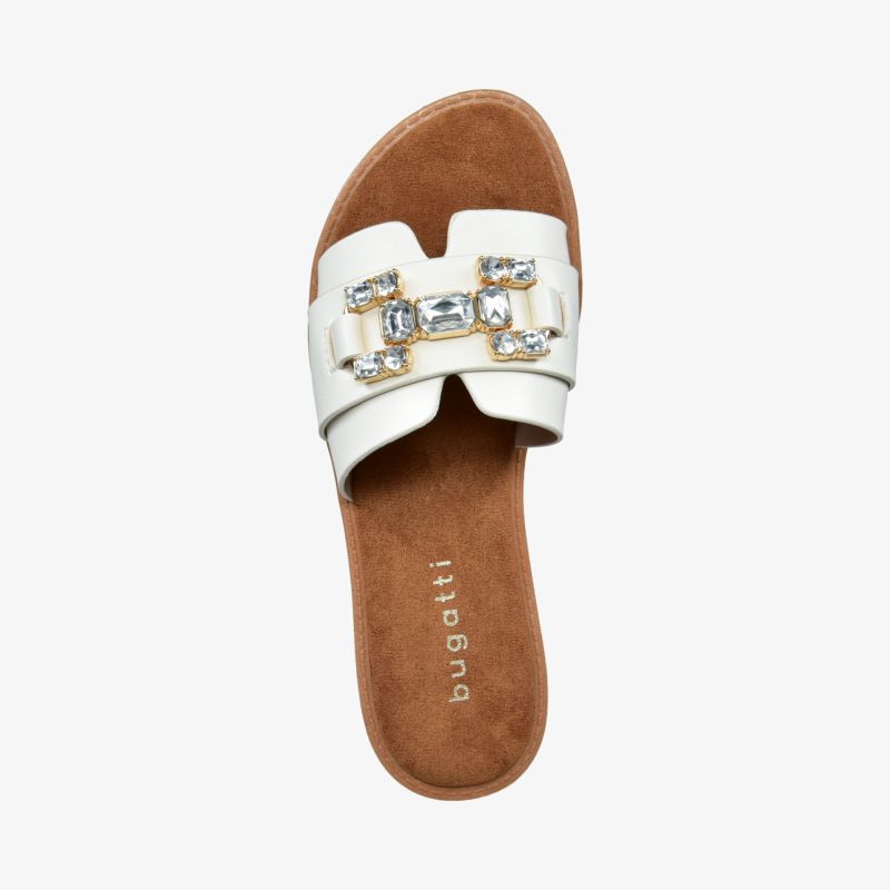 Weiße offene Pantolette mit Schmuckverzierung und bequemer brauner Innensohle, elegante und stilvolle Optik