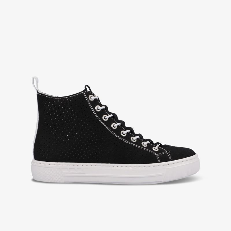 Klassischer schwarzer High-Top-Sneaker mit weißer Sohle und Schnürsenkeln, perfekt für lässige Outfits