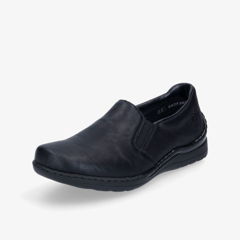 Schwarzer bequemer Slipper mit weicher Polsterung und rutschfester Sohle in klarer Seitenansicht.