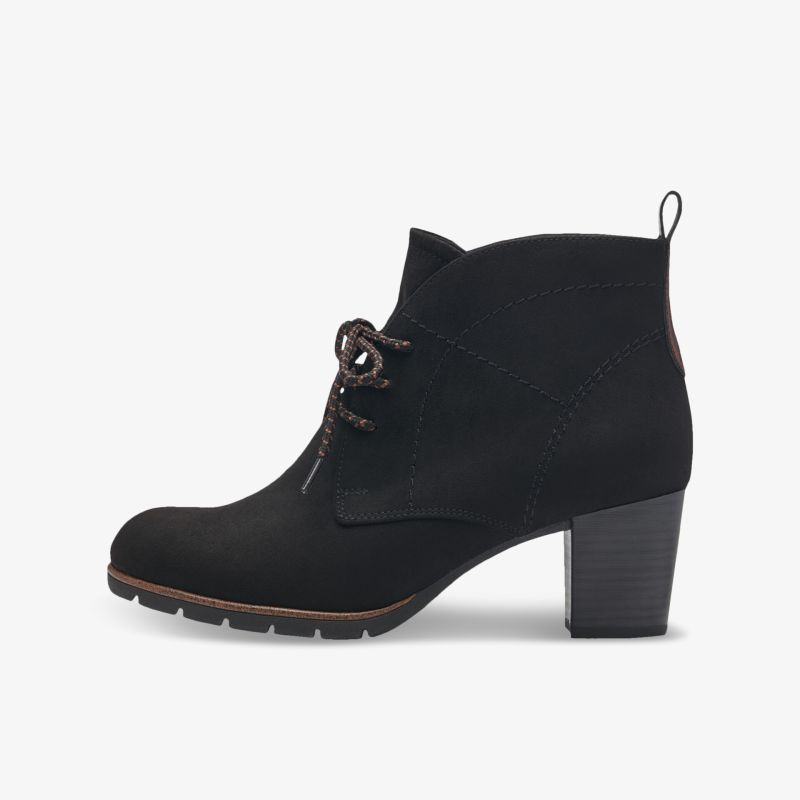 Elegante schwarze Stiefelette mit hohem Absatz und Schnürdetails. Stilvolles Schuhdesign für vielseitige Looks.