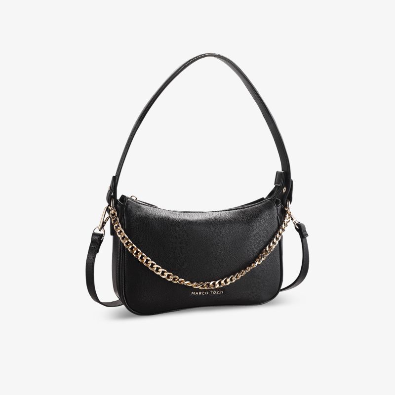 Elegante schwarze Tasche mit Lederoptik und stilvollem Kettenriemen für vielseitige Looks.