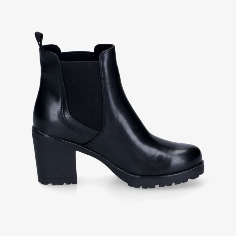 Schwarzer Stiefel mit hohem Blockabsatz und elastischen Seiten für bequemes Anziehen und sicheren Halt