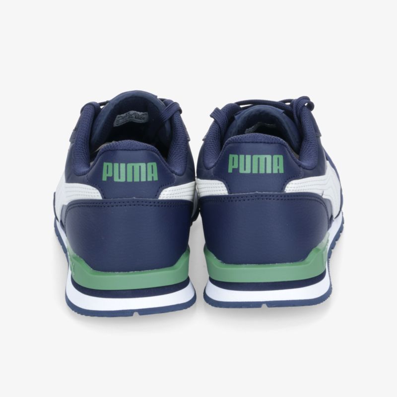 Sportliche Puma Sneaker in Blau mit Weiß und Grün, stabile Konstruktion und markanter Logo-Print hinten