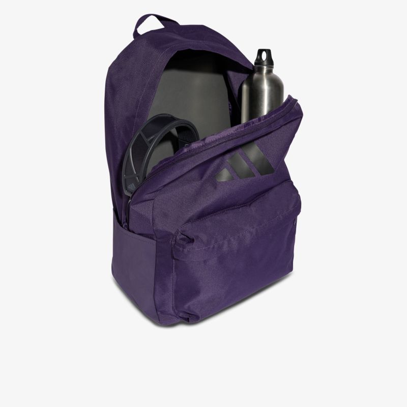 Moderner violetter Rucksack mit mehreren Fächern und Trinkflasche, ideal für Freizeit und Alltag
