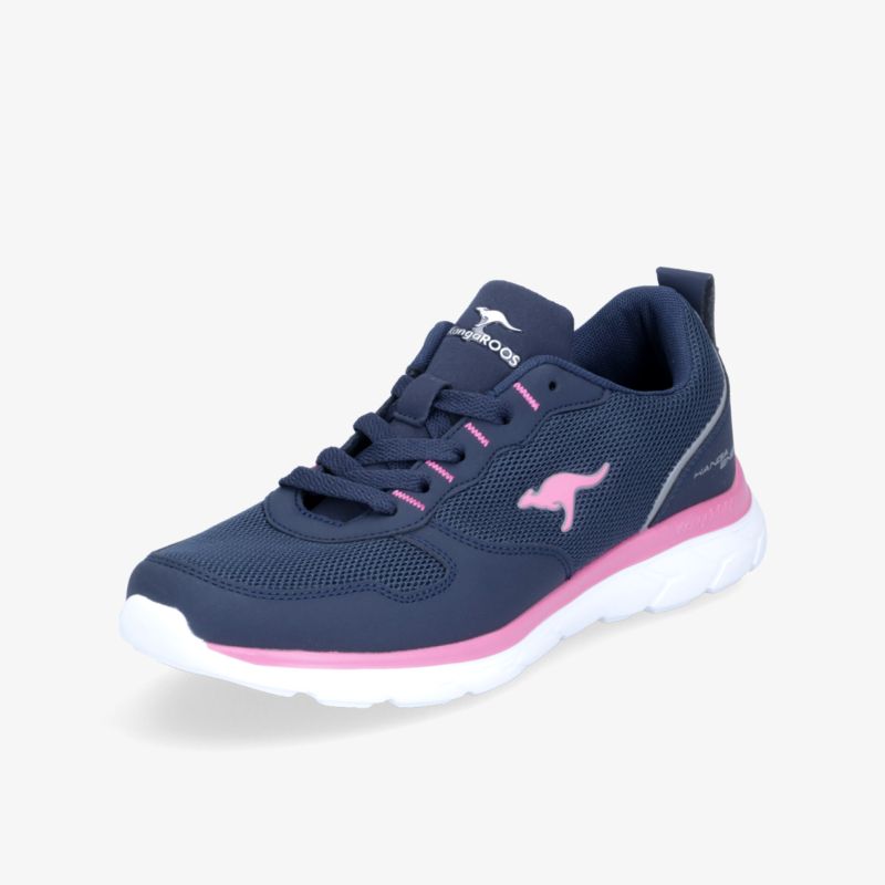 Moderner Laufschuh in Dunkelblau mit pinken Akzenten und weißer Sohle für hohen Tragekomfort und Stil.