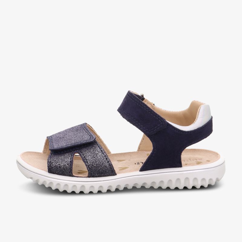 Bequeme blaue Sandale mit rutschfester, weißer Sohle und verstellbaren Riemen für optimalen Halt.