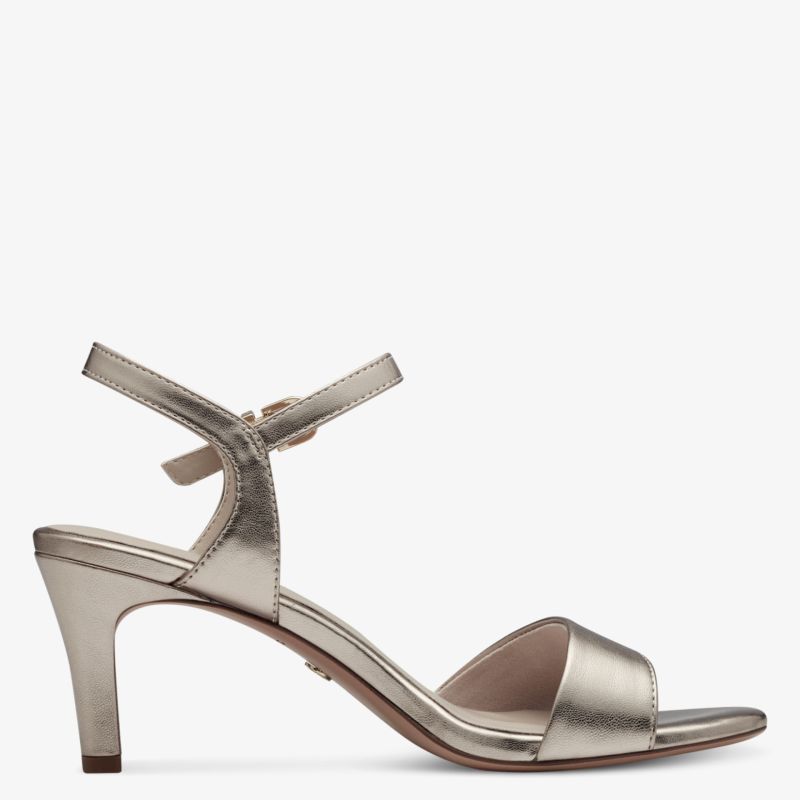 Elegante metallic Sandalette mit hohem Absatz und verstellbarem Riemen, komfortabel und modisch für schicke Anlässe