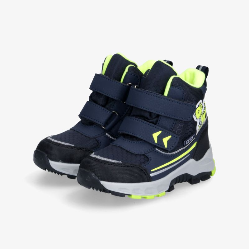Modische Stiefel mit zweifachem Klettverschluss in Dunkelblau und Neongelb, ideal für aktive Abenteuer.