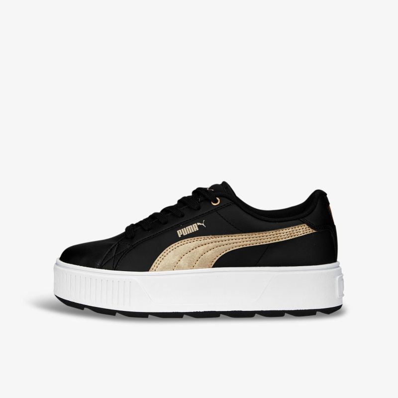 Stylische schwarze Plateausneaker mit goldenen Akzenten und bequemer Sohle für trendigen Look.