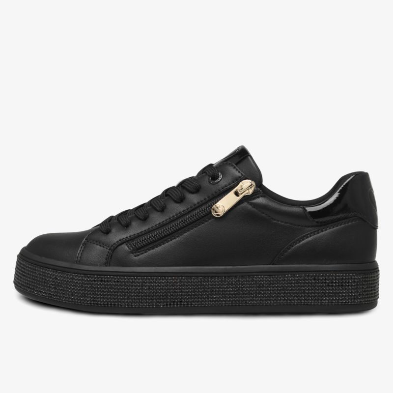 Schwarzer Leder-Sneaker mit seitlichem Reißverschluss und flacher Profilsohle für hohen Tragekomfort