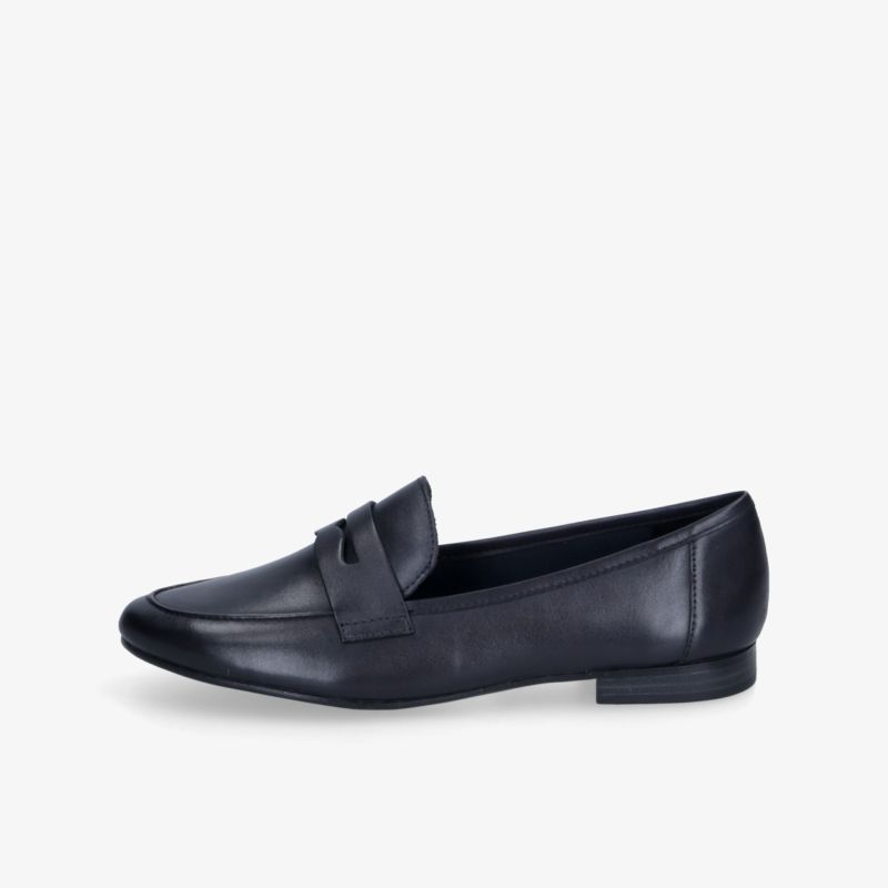 Schwarzer klassischer Loafer aus hochwertigem Leder mit schlankem Schnitt und bequemer Passform, seitliche Ansicht