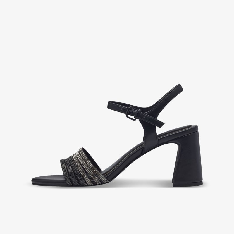 Eleganter schwarzer Schuh mit hohem Blockabsatz und verstellbarem Riemen für stabilen und komfortablen Halt