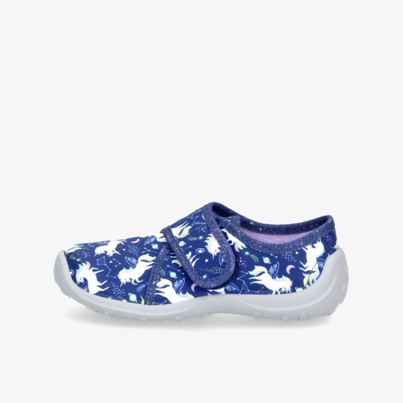 Komfortabler blauer Schuh mit Einhorn-Design und Klettverschluss für optimalen Halt und Stabilität.