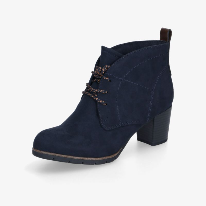 Dunkelblaue Stiefelette mit mittelhohem Absatz und dekorativer Schnürung, eleganter und bequemer Schuh