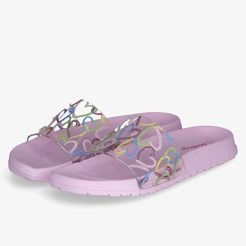 Bequeme lila Slides mit transparenten Riemen und buntem Muster für einen modischen, leichten Sommerlook