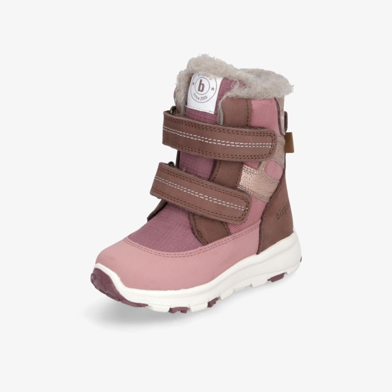 Hochwertige, warme Winterstiefel mit Klettverschluss und rutschfester Sohle in Rosa und Braun. Komfortables Design.