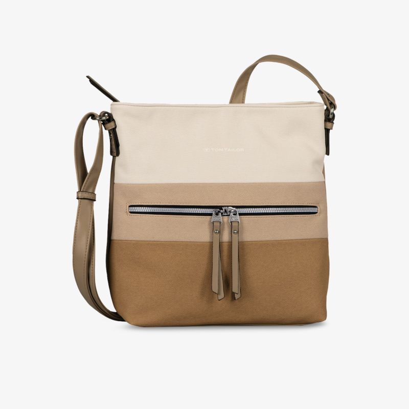 Elegante beige Schultertasche mit Reißverschlusstasche und verstellbarem Gurt, perfekt für Alltag und Freizeit.