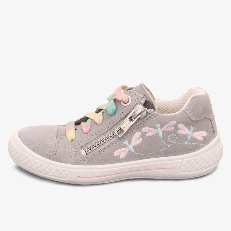 Leichter, bequemer Schuh mit seitlichem Reißverschluss und pastellfarbenen Schnürsenkeln, zierliches Blumenmuster