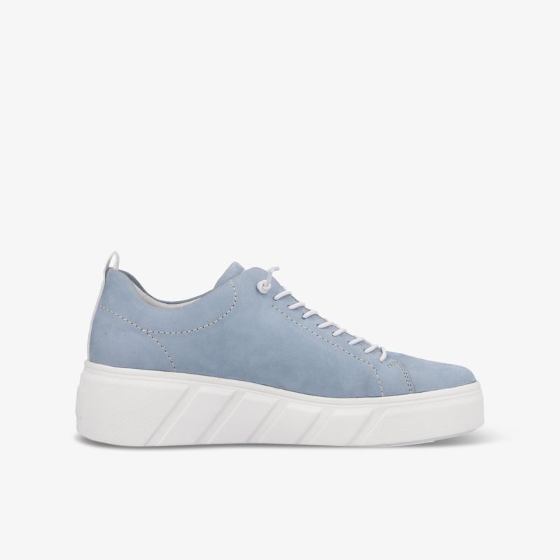 Moderner blauer Sneaker mit weißer Plateau-Sohle und stilvollem Design für den perfekten Freizeit-Look.