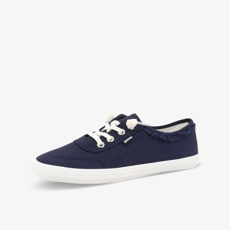 Moderner dunkelblauer Sneaker mit weißer Sohle und Schnürung, perfekt für Freizeit und Alltag.