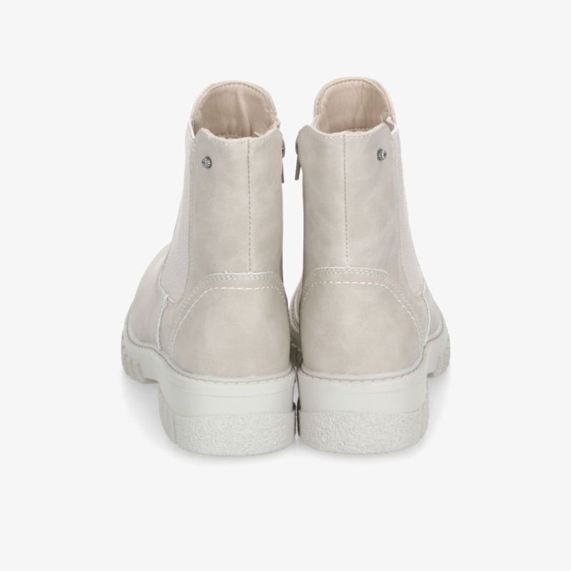 Bequeme hell beige Stiefel mit hohem Schaft und robustem Absatz, Rückansicht sichtbar