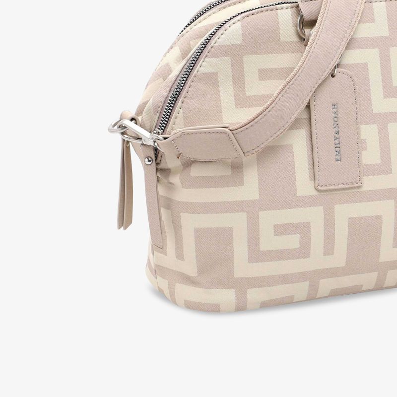 Stilvolle beige Handtasche mit modernem geometrischen Muster und praktischem Reißverschluss. Perfekt für elegante Anlässe.