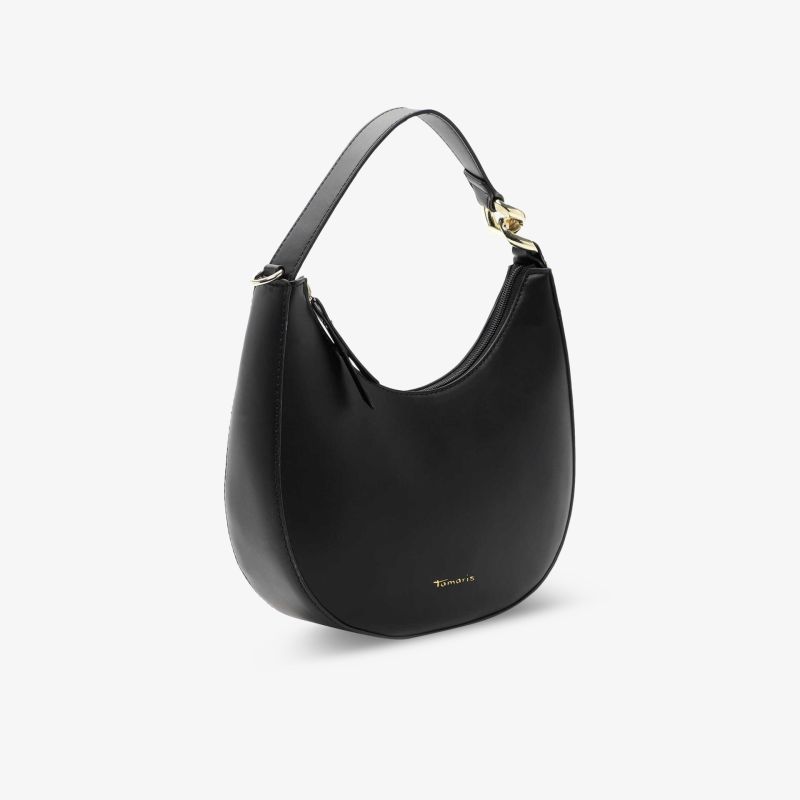 Elegante schwarze Handtasche mit goldenen Akzenten und geschwungenem Design, perfekt für jeden Anlass.