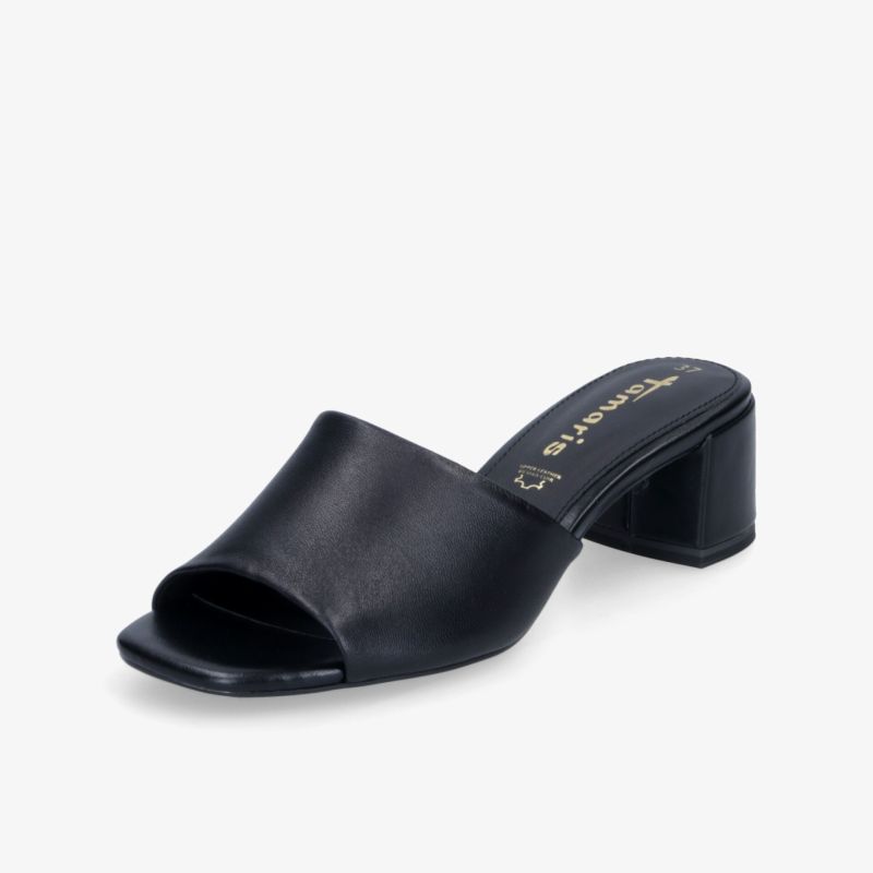 Schwarze Pantolette mit mittelhohem Blockabsatz und offenem Zehenbereich, eleganter und bequemer Schuh