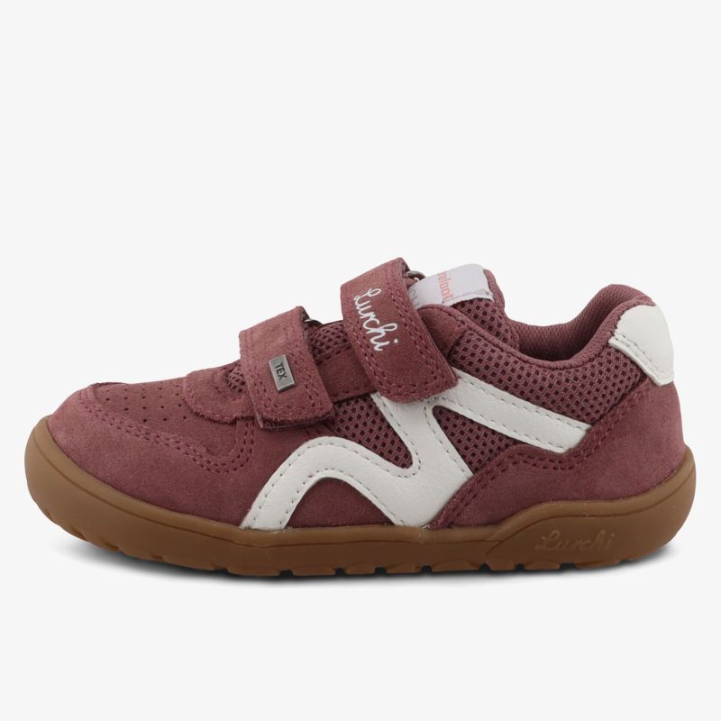 Bequemer Kinderschuh mit rutschfester Sohle, Klettverschluss und sportlichem Design in Rot und Weiß.
