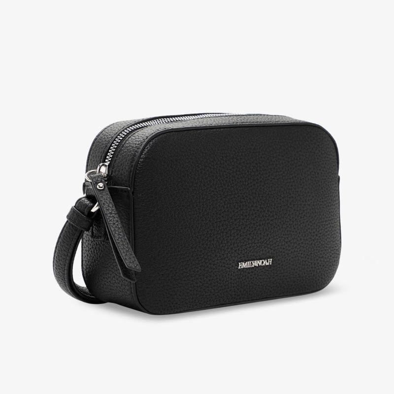 Kompakte schwarze Tasche aus Leder mit Reißverschluss, schlichtes und praktisches Design für den Alltag