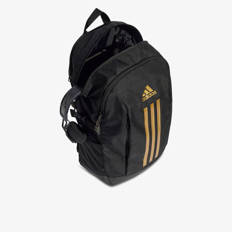 Schwarzer adidas Rucksack mit goldenen Streifen, geräumig und leicht, verstellbare Schulterriemen