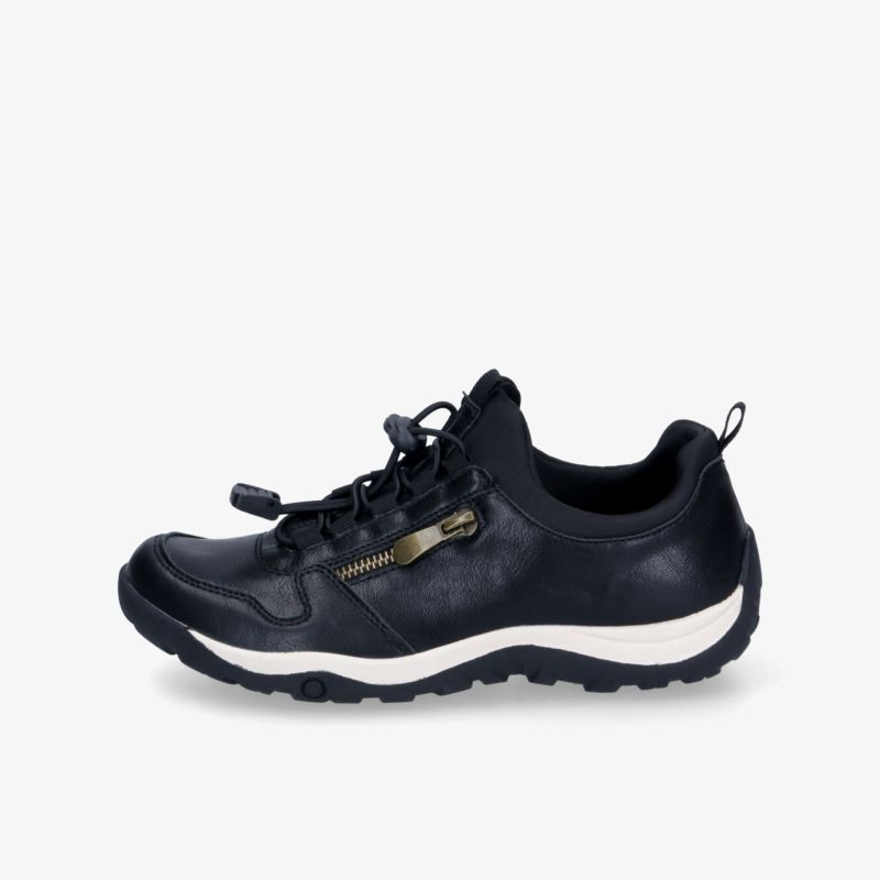 Sportlicher schwarzer Sportschuh mit gepolsterter Zunge und stabiler, griffiger Sohle, seitliche Ansicht