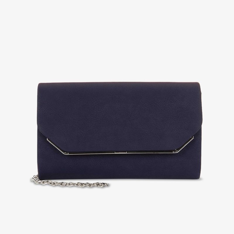 Elegante dunkelblaue Clutch mit Kettendetail und Umschlagklappe, ideal für besondere Anlässe und stilvolle Auftritte.