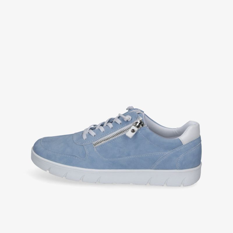 Moderner blauer Sneaker mit seitlichem Reißverschluss und bequemer weißer Sohle, ideal für sportlichen Komfort