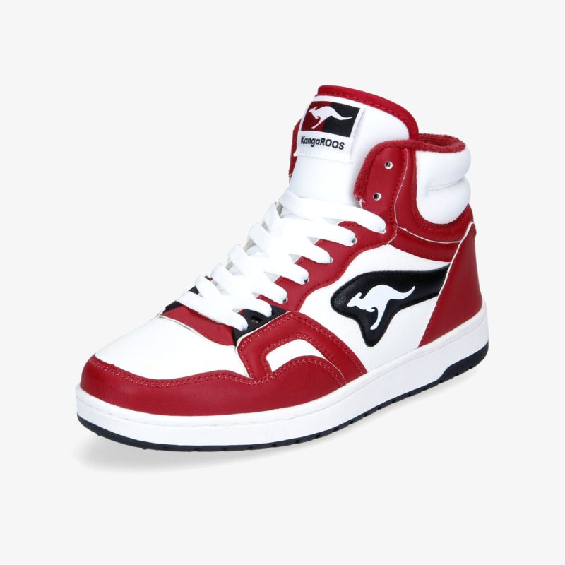 Modische rote und weiße High-Top-Sneaker mit dynamischem Design und hohem Tragekomfort.