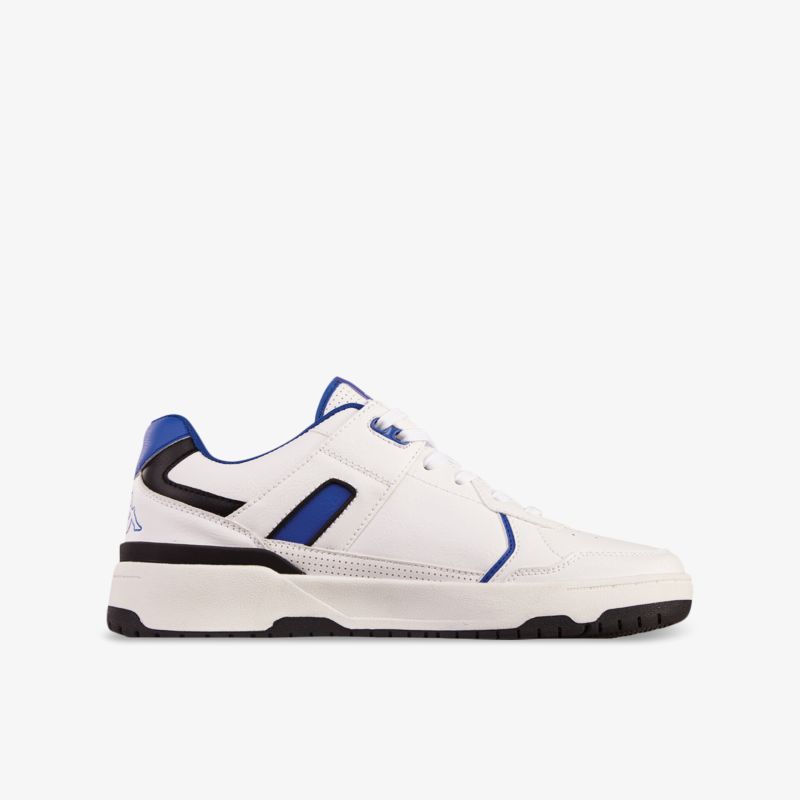 Moderner weißer Sneaker mit blauen Akzenten und rutschfester Sohle für sportlichen Look und Komfort