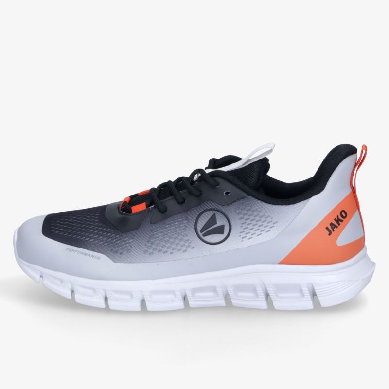 Leichter sportlicher Laufschuh in Weiß, Schwarz und Orange mit flexibler Sohle und atmungsaktivem Material