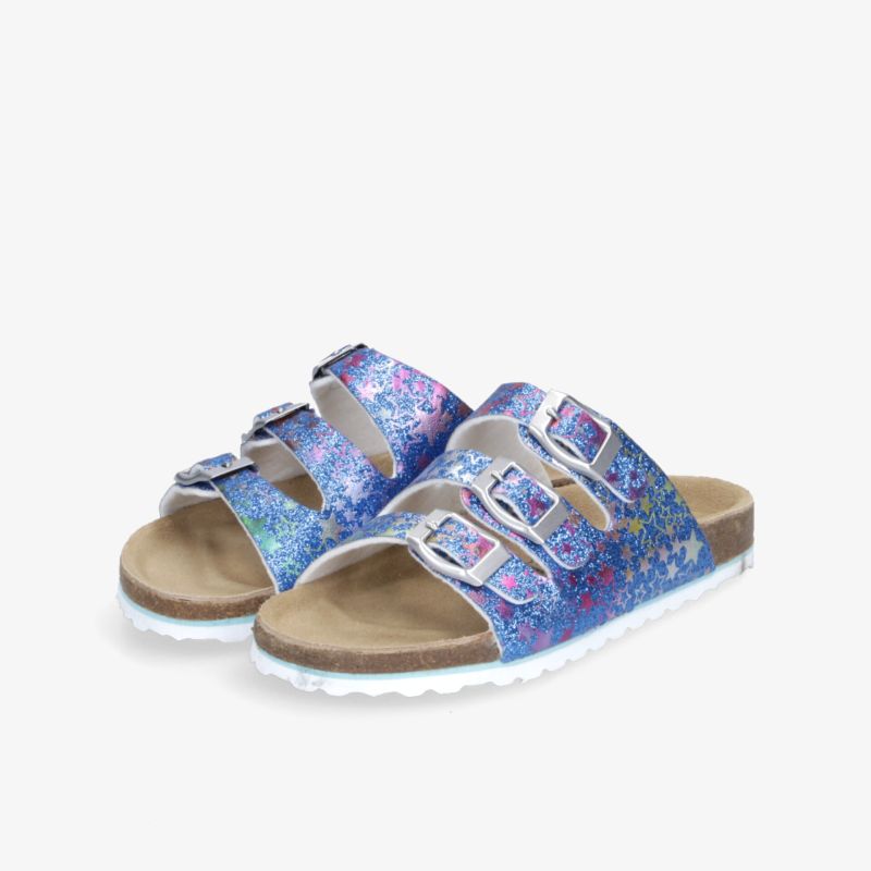 Glitzernde Sandalen mit zwei verstellbaren Schnallen und komfortablem, weichem Fußbett in Paaransicht