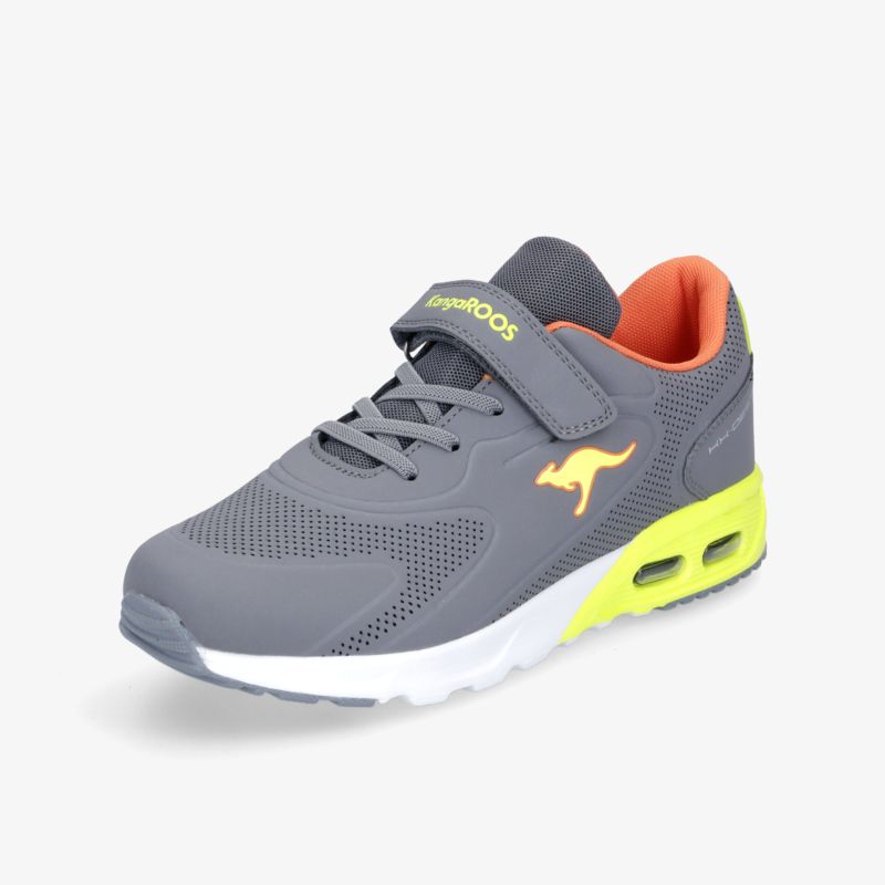 Grauer Sneaker mit neonfarbenen Akzenten, klettverschluss, optimaler Komfort und sportliches Design.