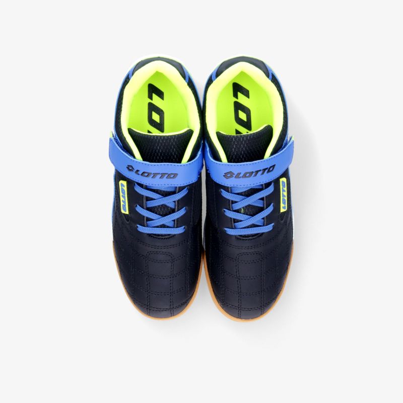 Blauer Sportschuh mit neon grünem Innenfutter, Klettverschluss und Schnürung, bequeme und robuste Passform
