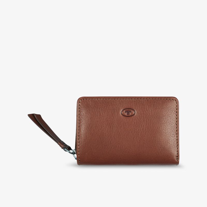 Elegante braune Lederbörse mit Reißverschluss, kompakt und stilvoll für den täglichen Gebrauch.