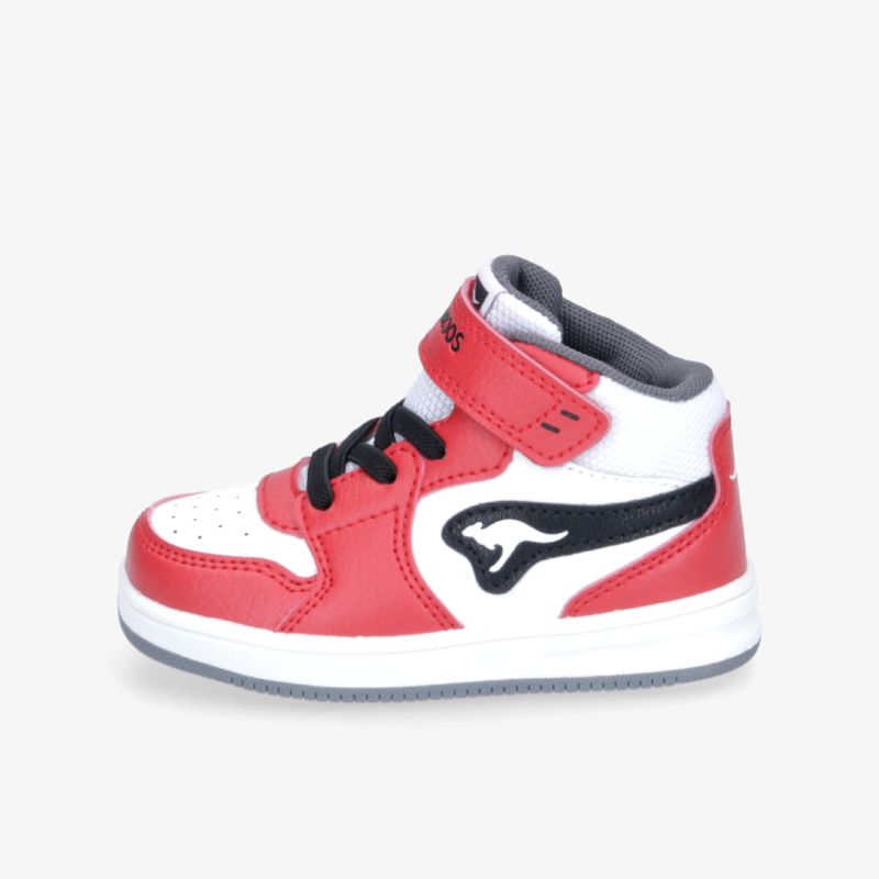 Rot-weißer Kinder Sneaker mit gepolstertem Knöchel, verstellbarem Klettverschluss und rutschfester Sohle