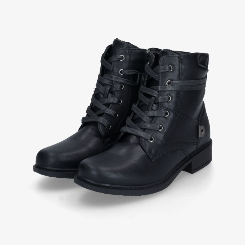Robuste schwarze Schnürstiefel mit stabiler Sohle, komfortable Passform und modischem 3/4-schrägem Blickwinkel