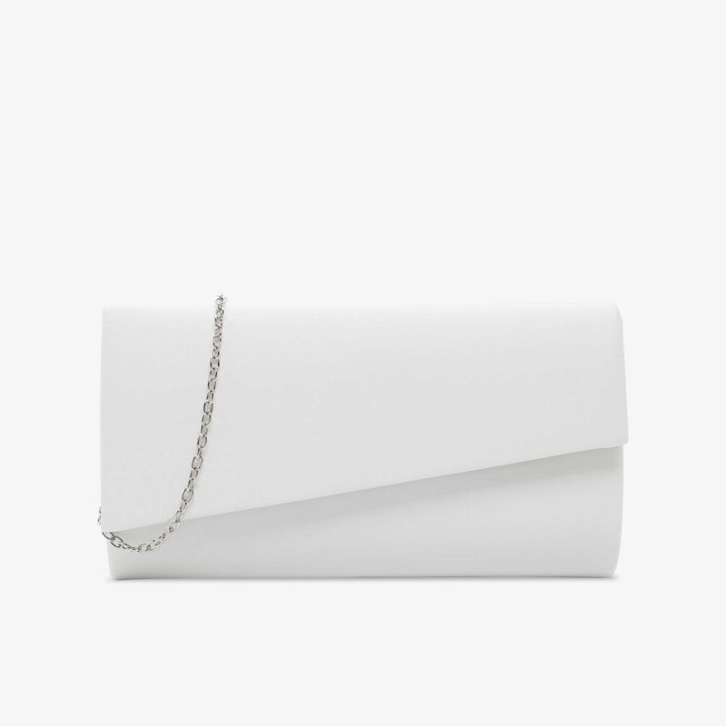 Elegante weiße Clutch mit Kette, ideal für abendliche Anlässe. Schlankes, modernes Design mit asymmetrischem Verschluss.