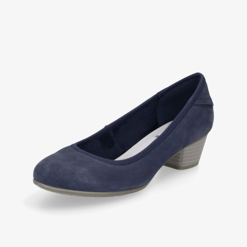 Eleganter navyfarbener Schuh mit bequemem Blockabsatz in Wildleder-Optik für vielseitiges Styling.